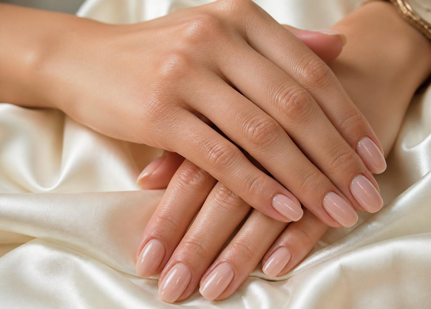 Close-up of a polished nude manicure on silk