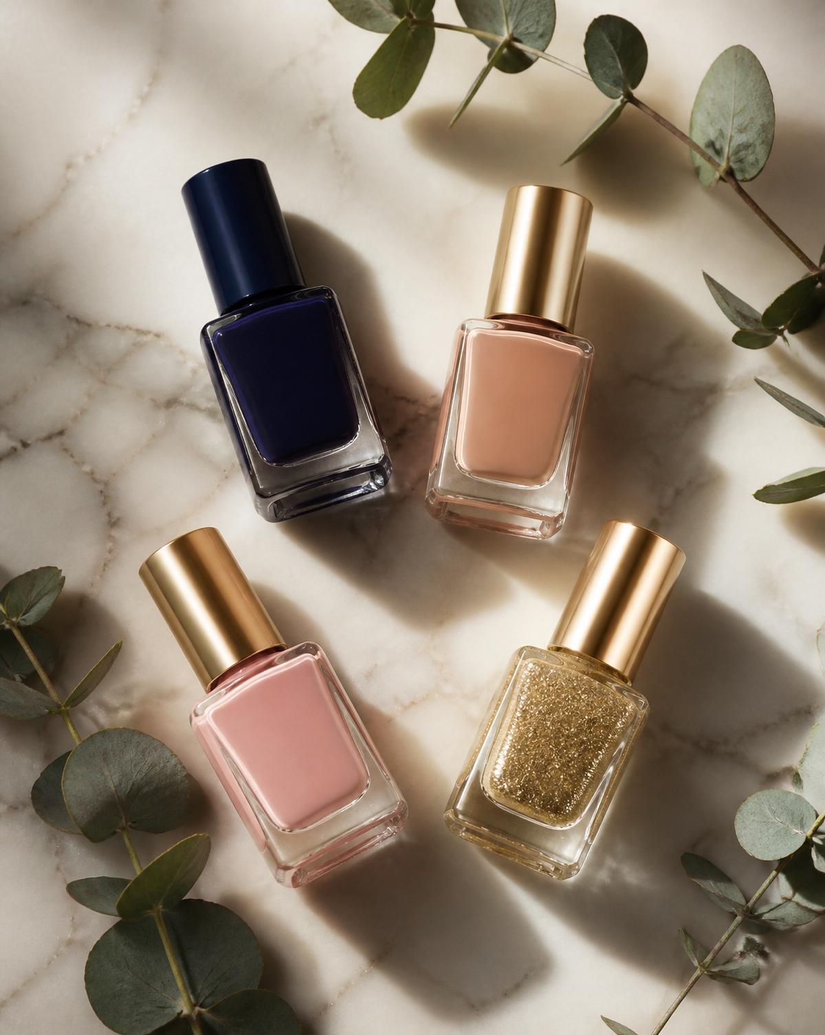 Nail polish flat lay in navy, nude and gold