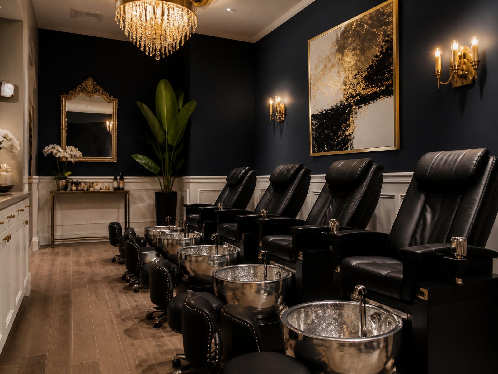 Elegant navy salon interior with black leather pedicure chairs